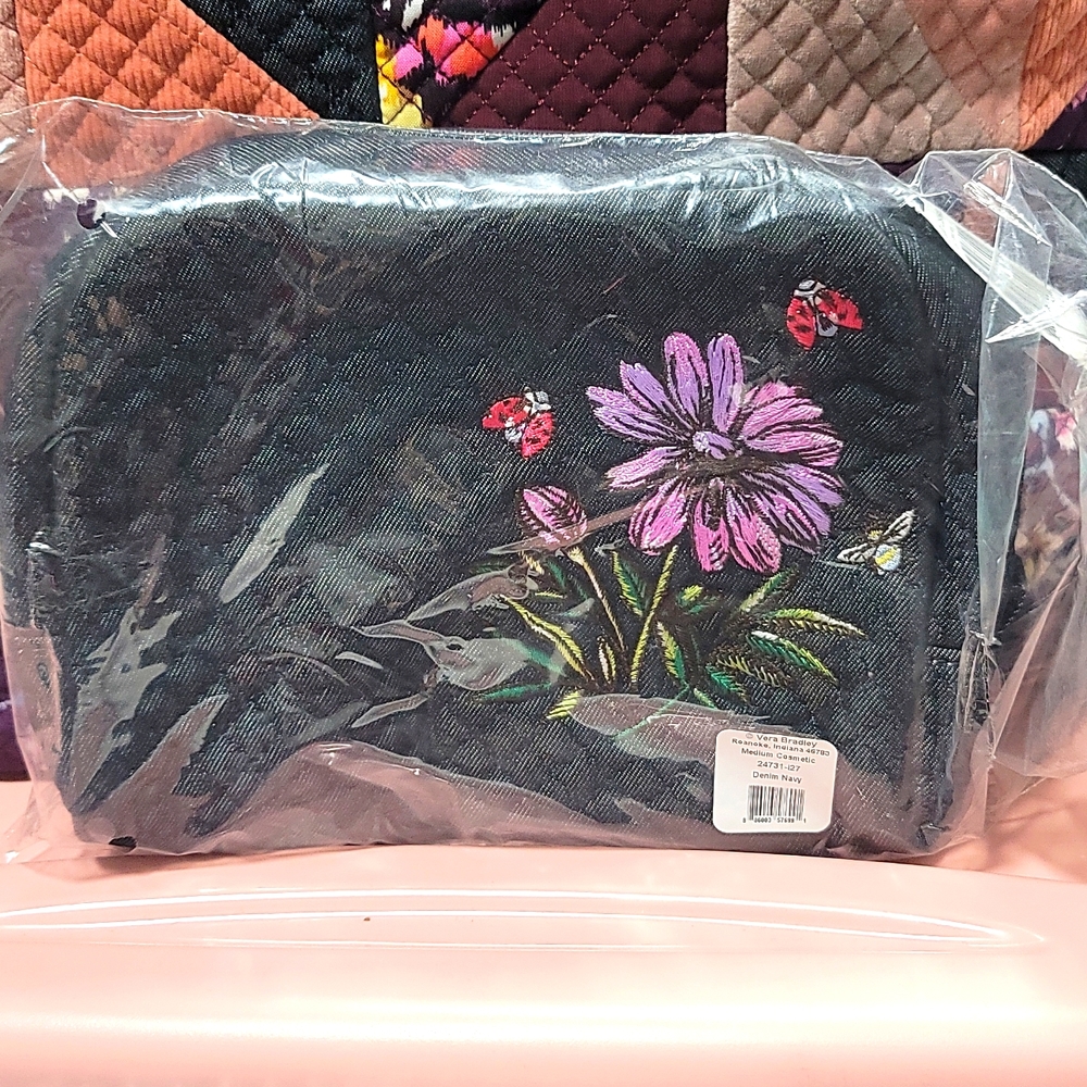 Vera Bradley Denim Navy Iconic Medium Cosmetic with embroidery NWT